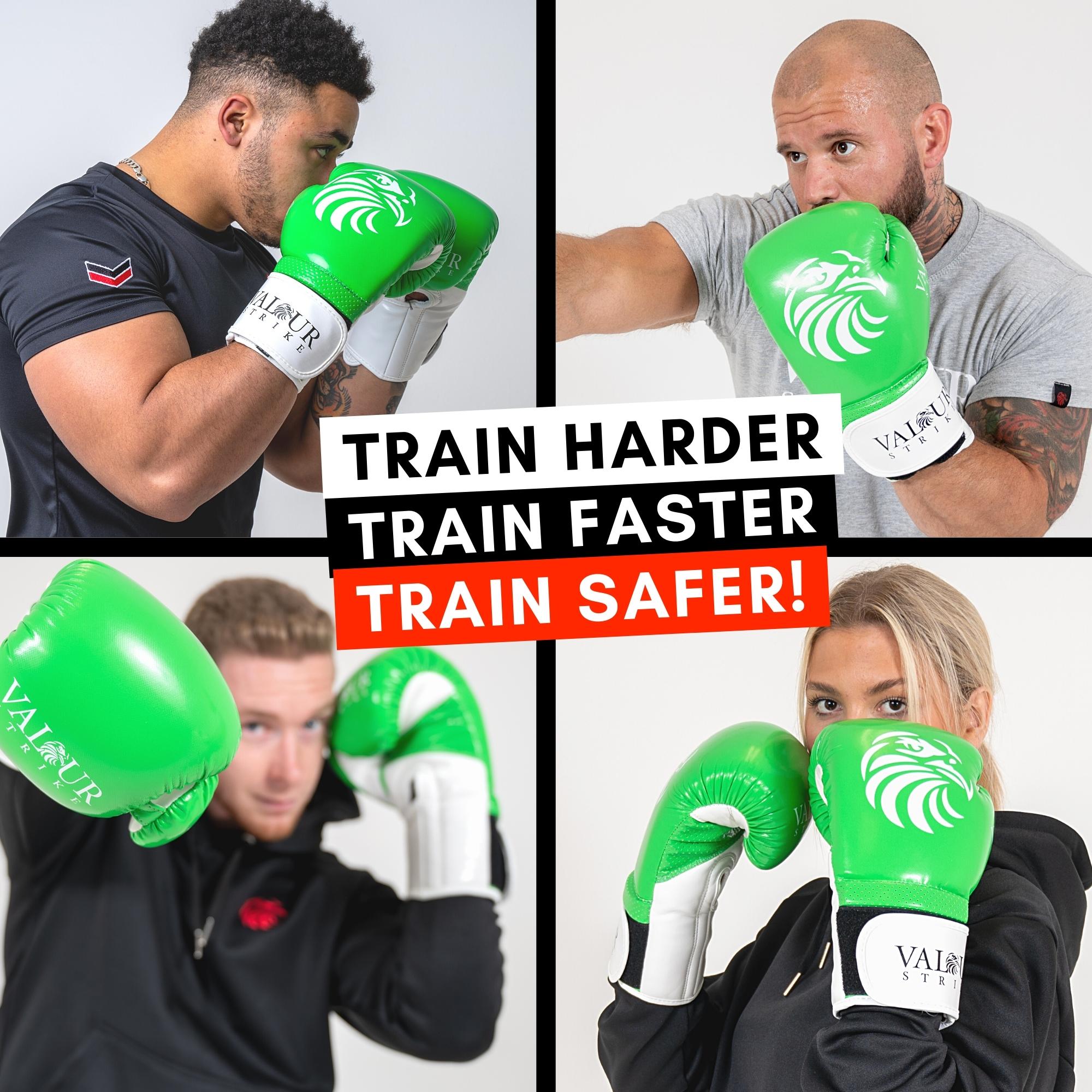 people in green boxing gloves train harder, train faster, train safer